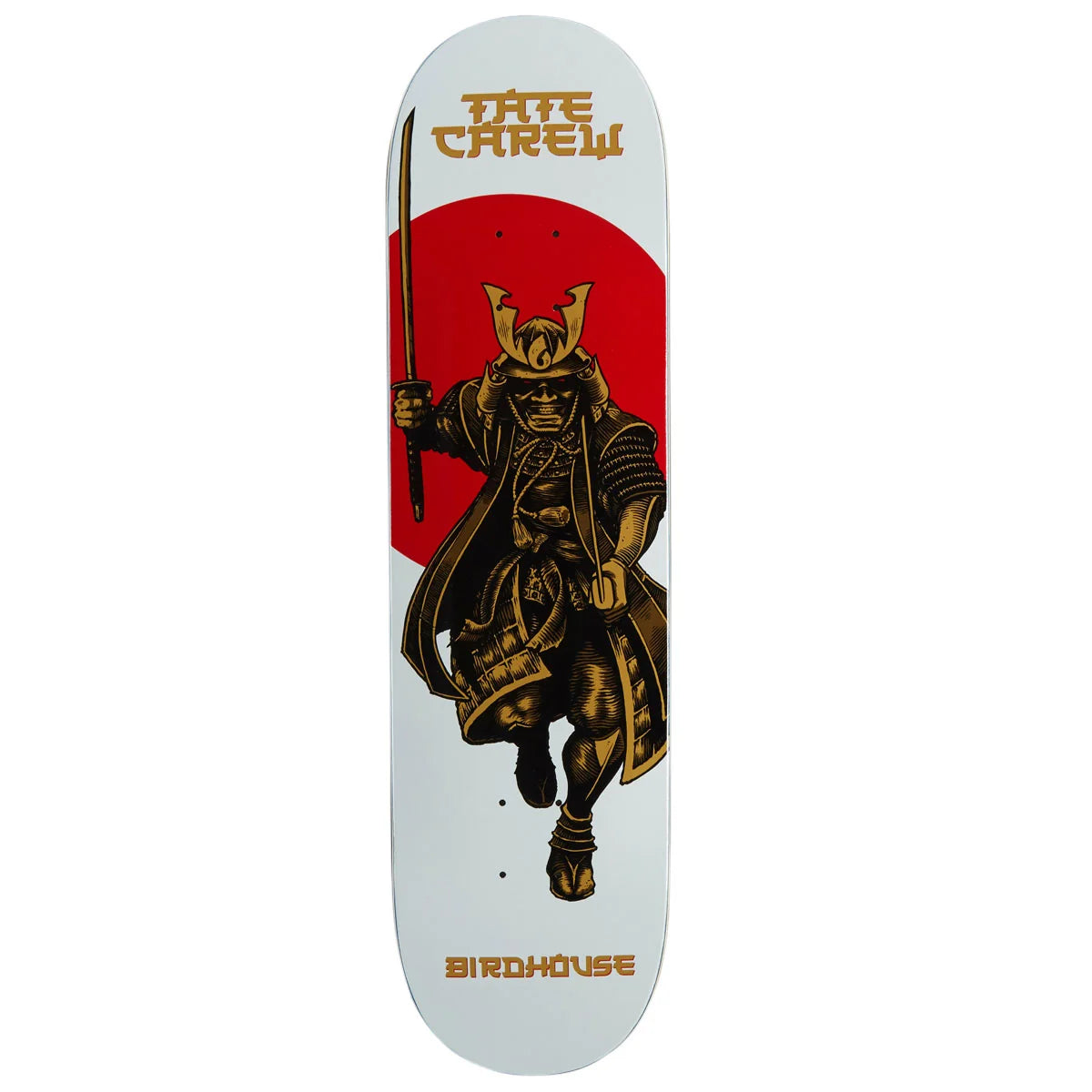 A skateboard deck featuring a white background with a large red circular graphic and a samurai illustration in gold and black. The words 'TATE CAREW' appear at the top and 'BIRDOHOUSE' at the bottom.