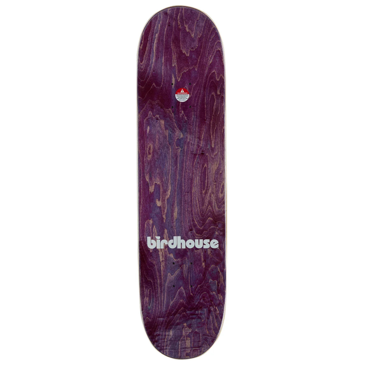 A Birdhouse skateboard deck featuring a dark purple wood-grain finish with a small red and white logo near the top and the white 'birdhouse' brand name printed near the bottom.