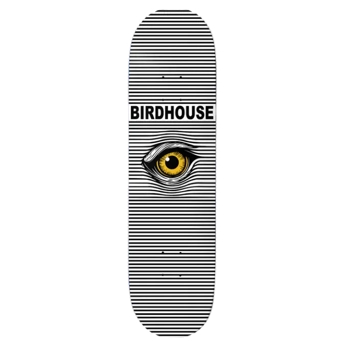 Skateboard deck with a yellow eye design and 'Birdhouse' branding on a white background
