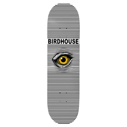Skateboard deck with a yellow eye design and 'Birdhouse' branding on a white background