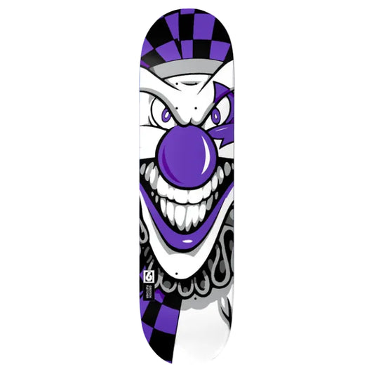 Skateboard deck with a clown face design on a white background