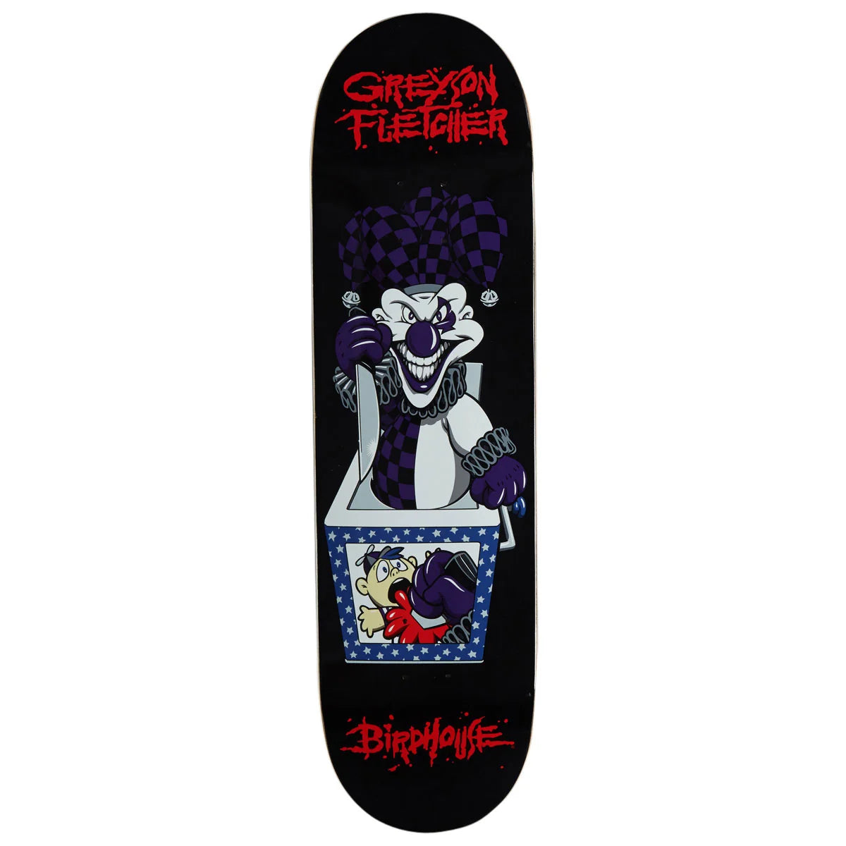A skateboard deck featuring a black background with a graphic of a clown sitting in a box, red 'Grisson Fletcher' text at the top, and red 'Birdhouse' text at the bottom.
