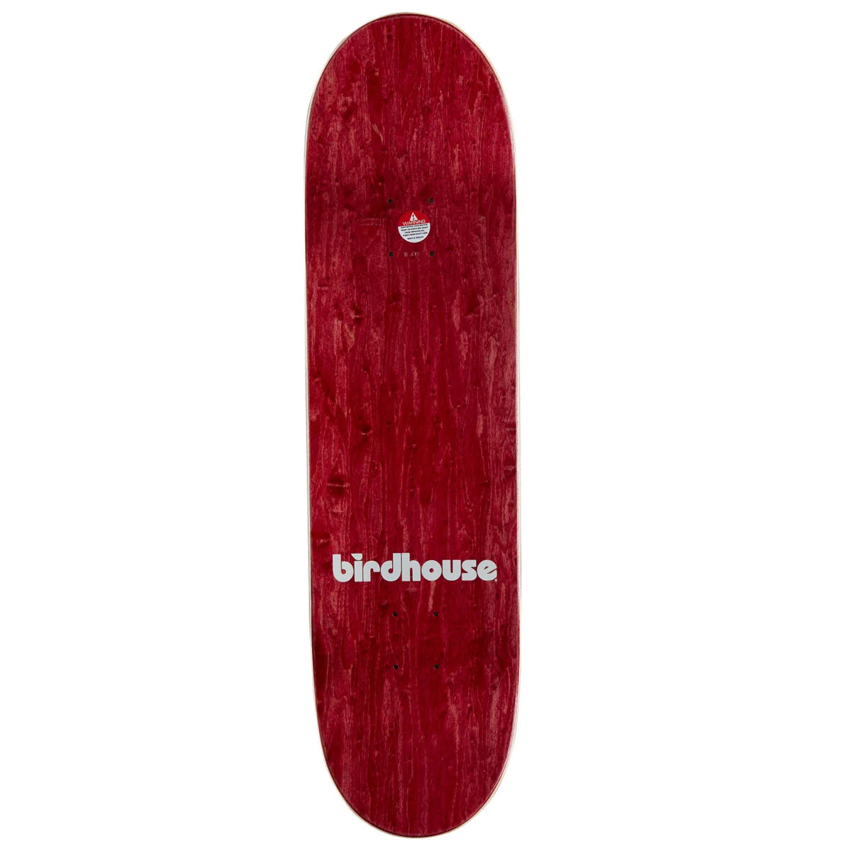 A Birdhouse skateboard deck with a dark red wood-grain finish and a white logo printed near the bottom, shown against a plain white background.