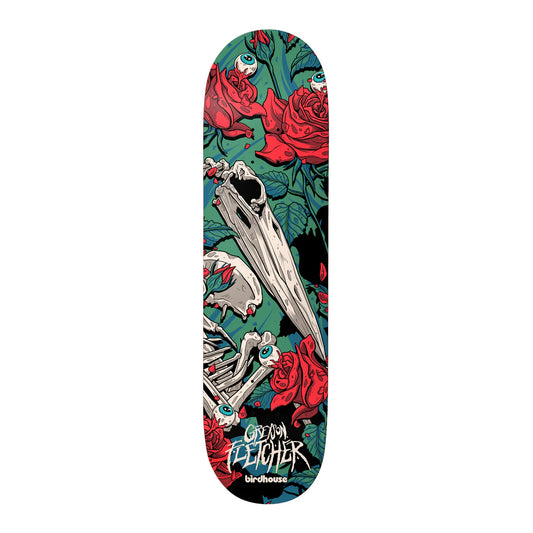 Skateboard deck with skeleton hand, roses, and 'Birdhouse' branding on a white background