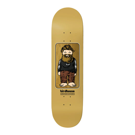 Skateboard deck with a graphic of a bearded person and 'birdhouse' branding on a beige background