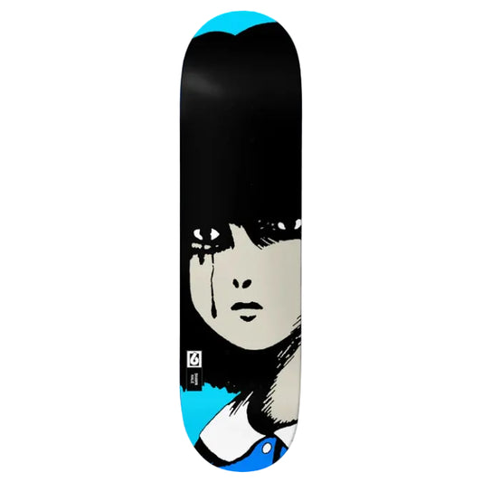 Skateboard deck with a graphic design of a face on a white background
