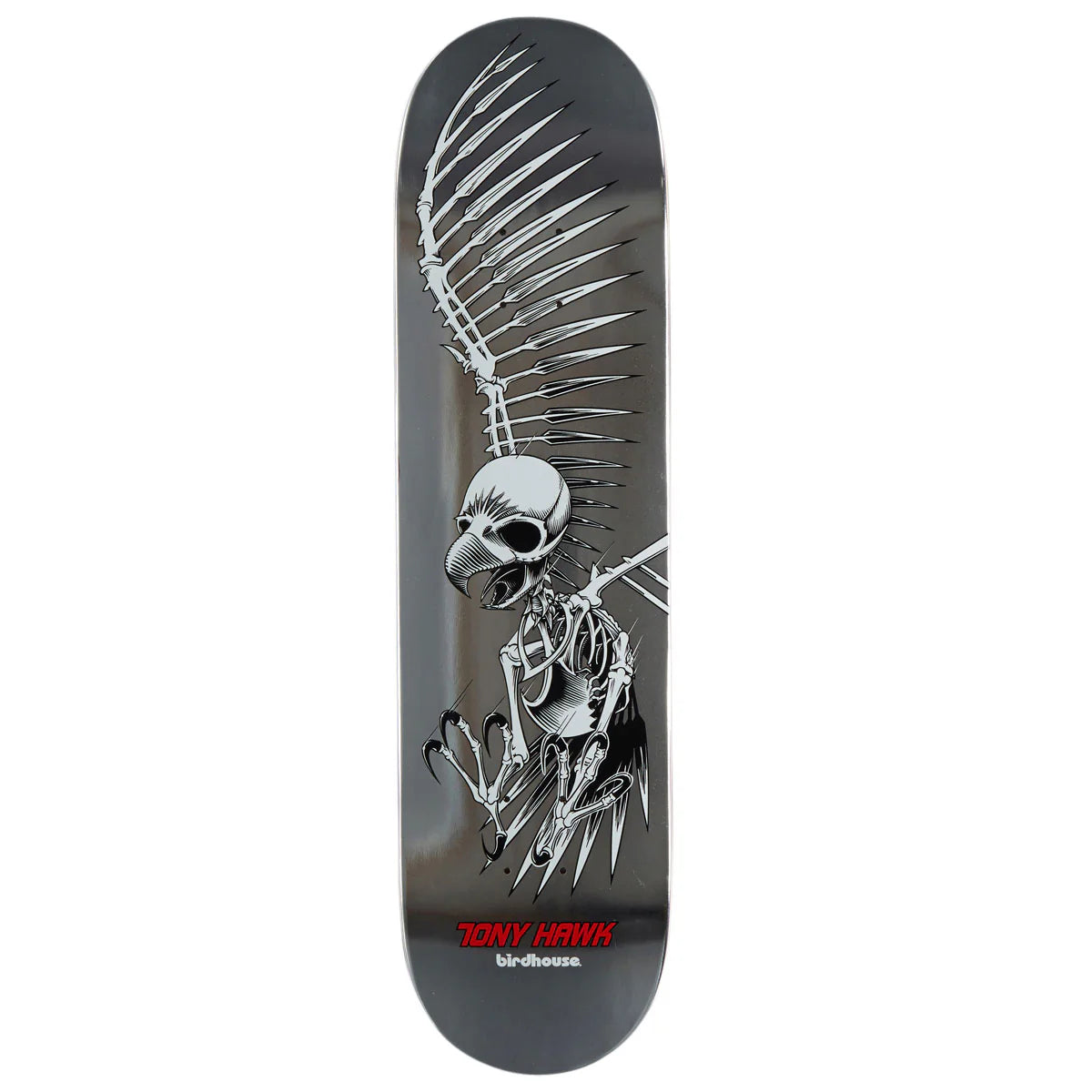 A skateboard deck featuring a detailed black and white graphic of a skeleton with a large wing, with red 'Tony Hawk' and white 'Victorinox' branding at the bottom.