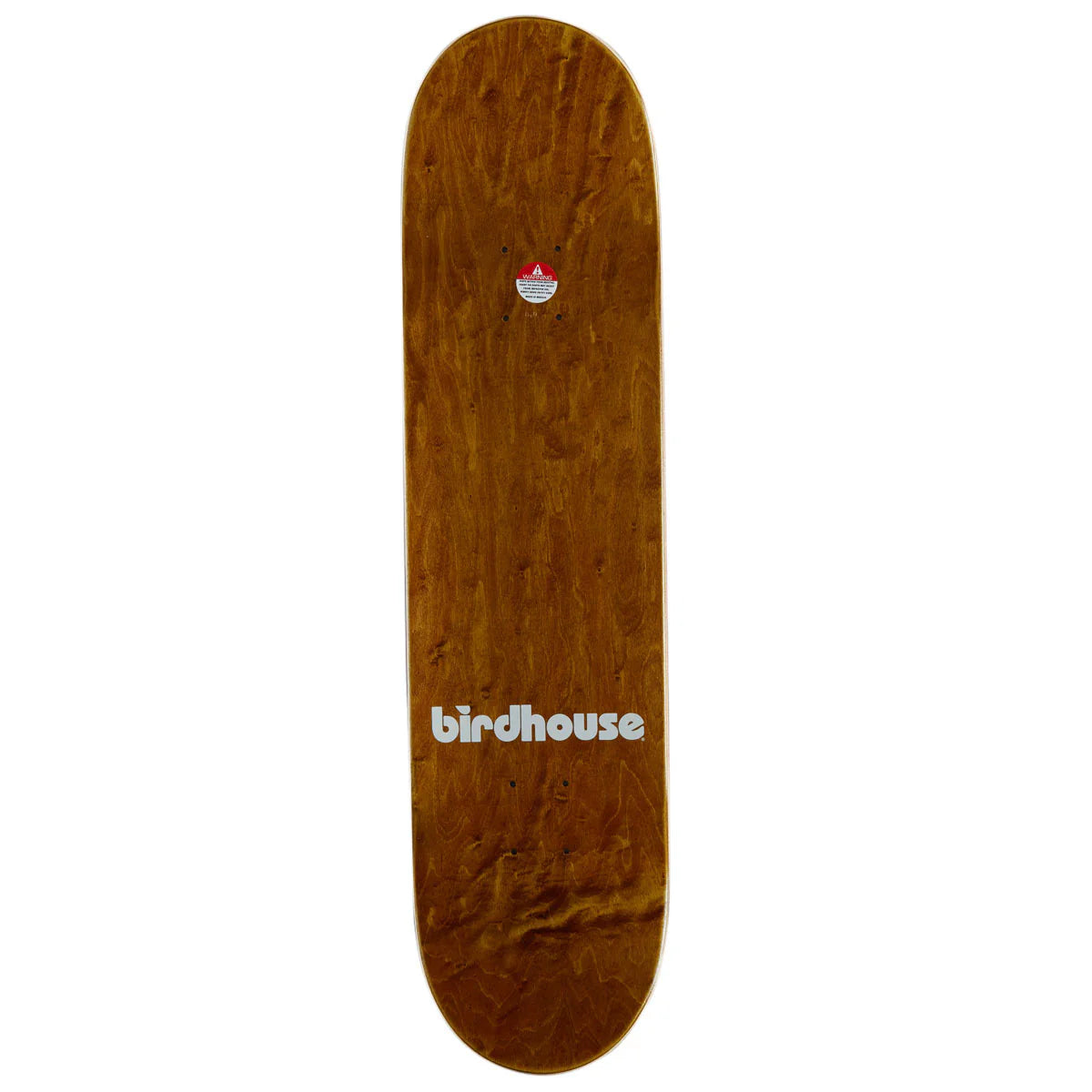 A skateboard deck with a natural brown wood grain finish, featuring the white 'birdhouse' logo near the bottom and a small red and white logo near the top, shown against a plain white background.
