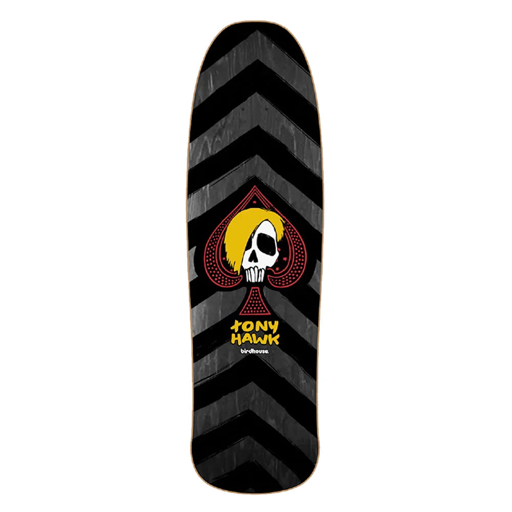 Skateboard deck with black chevron pattern and Tony Hawk logo on a white background