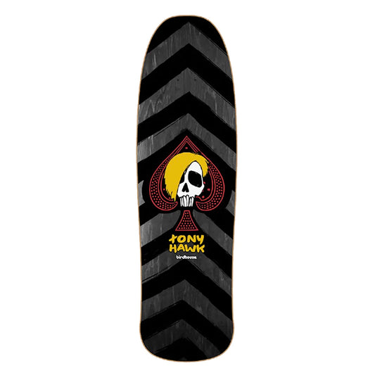 Skateboard deck with black chevron pattern and Tony Hawk logo on a white background