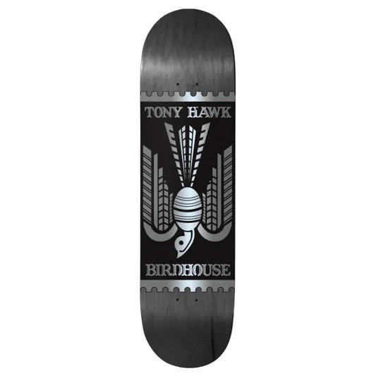 Skateboard deck with Tony Hawk and Birdhouse branding on a white background