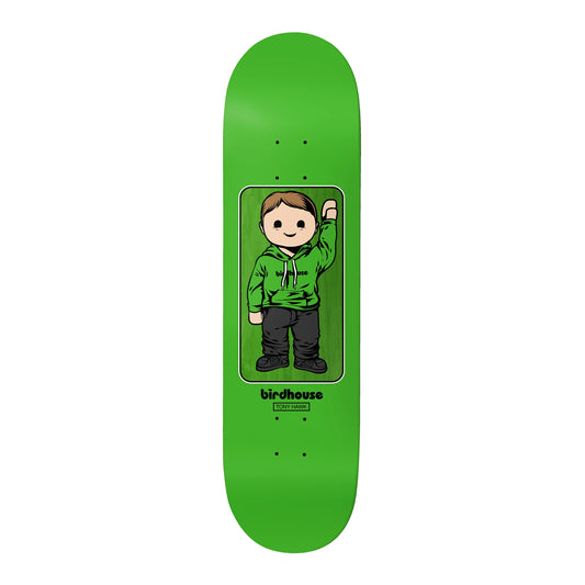 Green skateboard deck with a cartoon character in a green hoodie on a white background