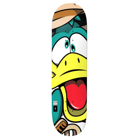 Skateboard deck with a colorful cartoon face design on a white background