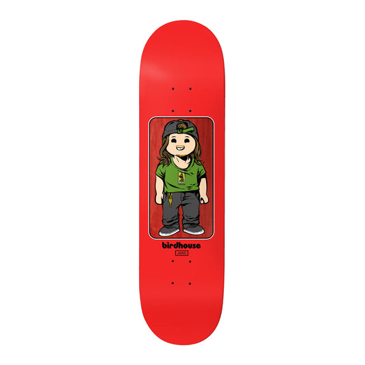 Red skateboard deck with a cartoon character in the center on a white background
