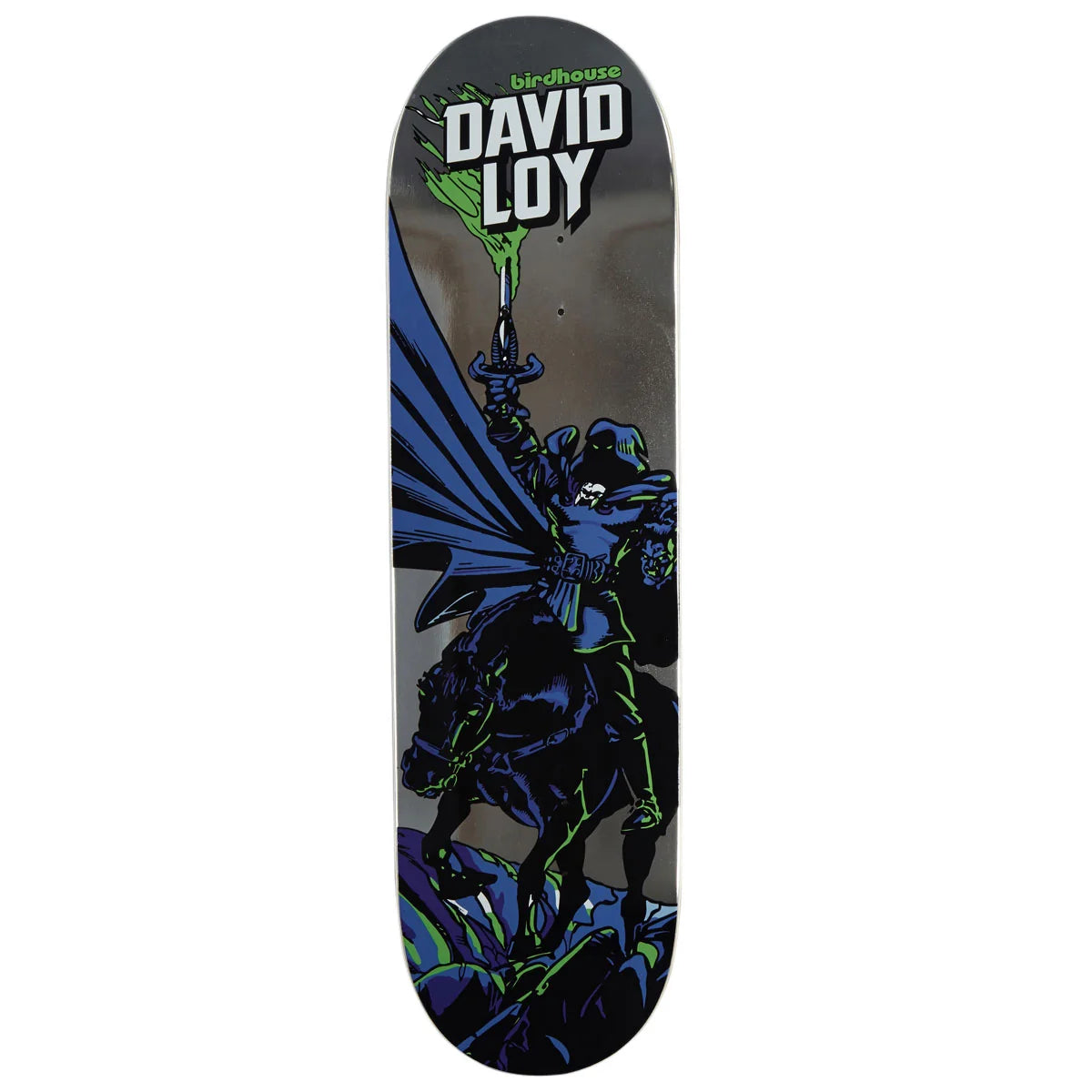 A skateboard deck featuring a graphic illustration of Batman in blue and green tones, with the text 'birdhouse DAVID LOY' printed on the top surface, shown against a plain white background.
