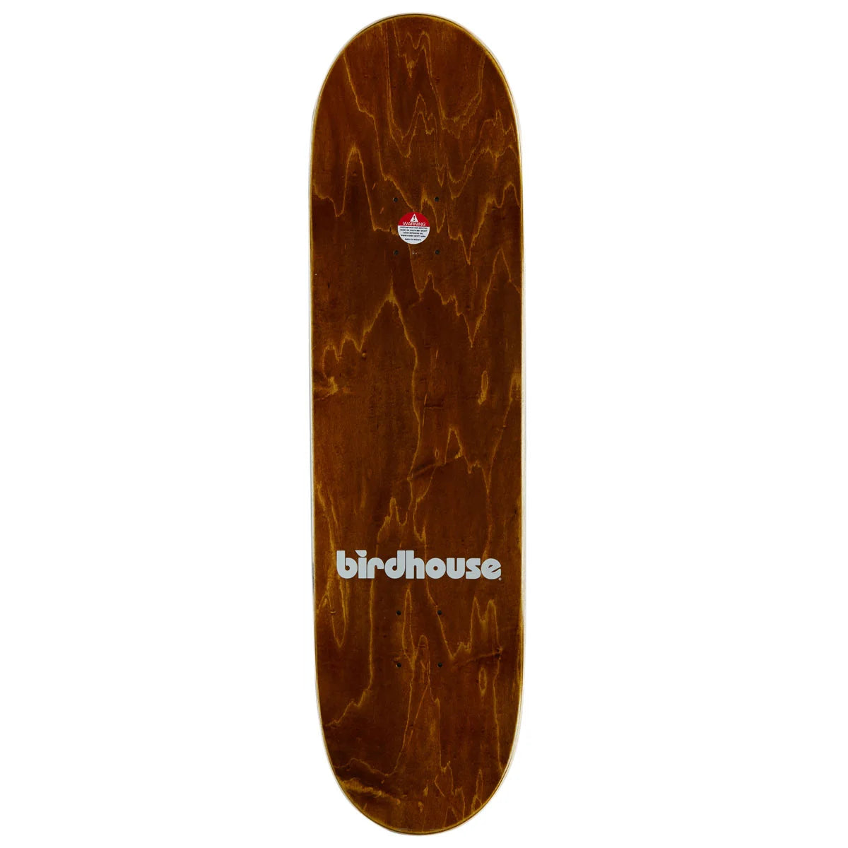A Birdhouse skateboard deck with a glossy dark brown wood grain finish, featuring the white 'birdhouse' logo near the bottom and a small red and white logo near the top, shown against a plain white background.