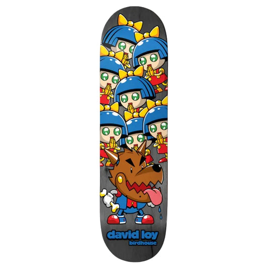 Skateboard deck with cartoon characters and 'David Loy Birdhouse' branding