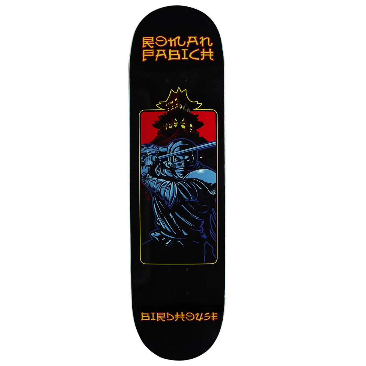 A skateboard deck shown vertically against a plain white background. The deck is predominantly black with a large graphic in the center depicting a blue samurai figure holding a sword, set against a red background with yellow outlines.