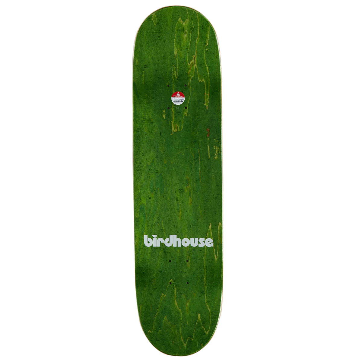 A green Birdhouse skateboard deck with a natural wood grain pattern and the white 'birdhouse' logo printed near the bottom, shown against a plain white background.