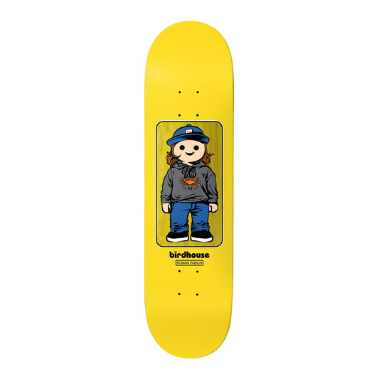Yellow skateboard deck with a printed design of a person wearing a cap and hoodie, on a white background.