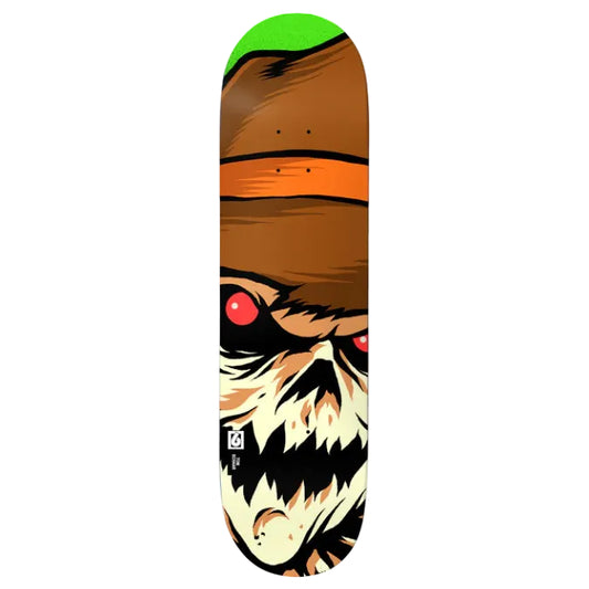 Skateboard deck with a stylized face design on a white background
