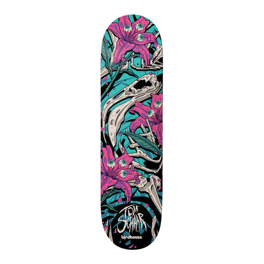 Skateboard deck with floral and bone design on a white background