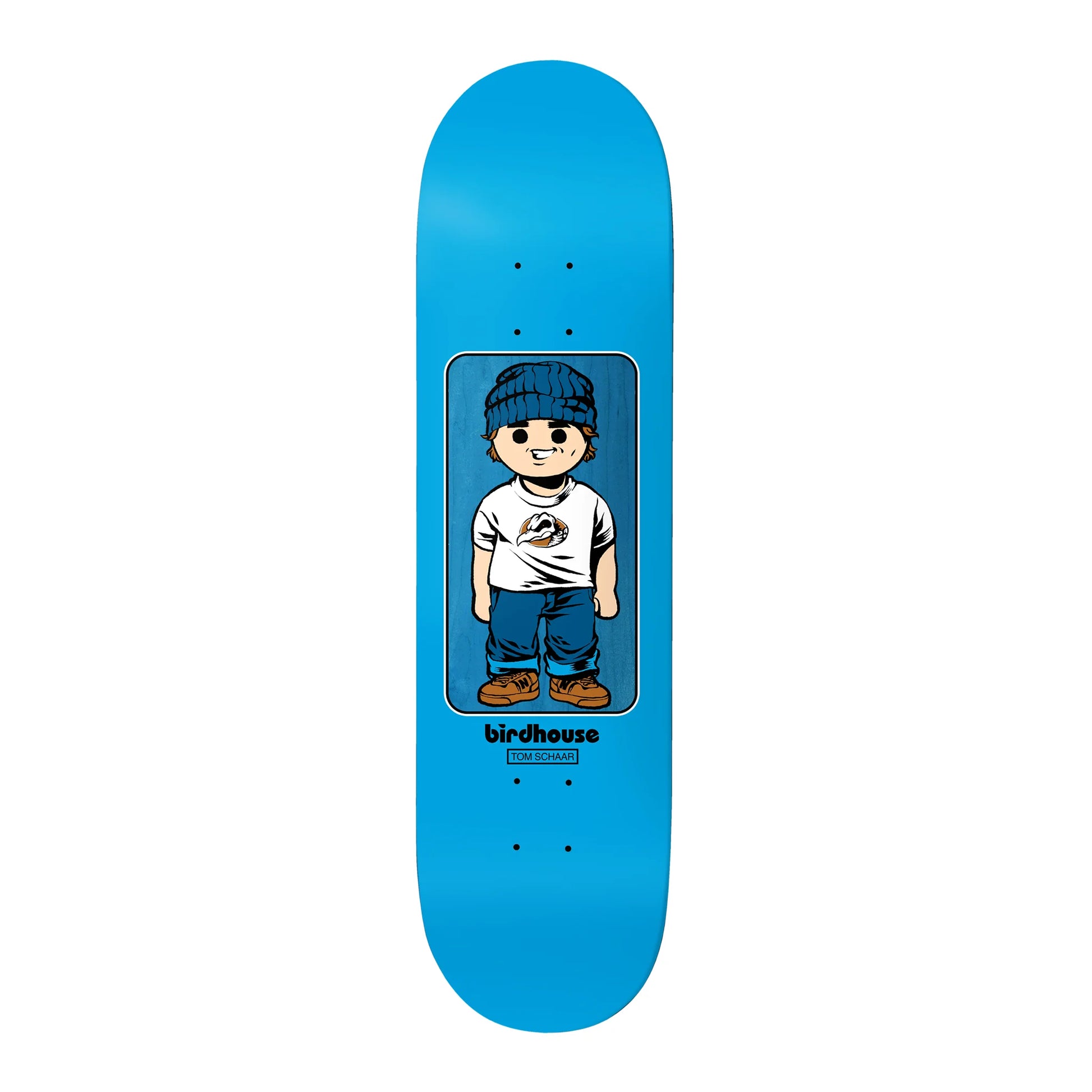 Blue skateboard deck with a printed design of a person wearing a beanie and t-shirt, on a white background.