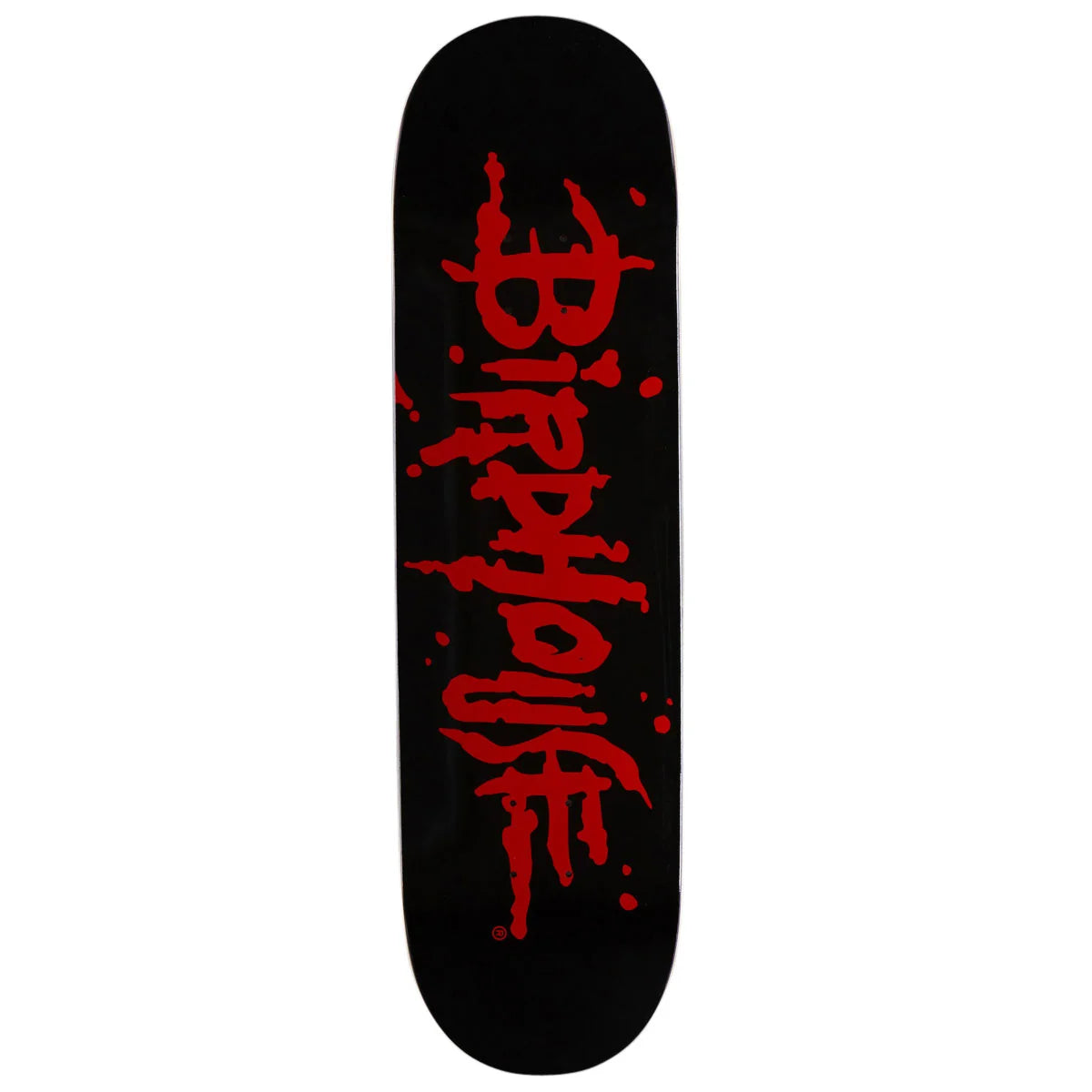 A skateboard deck with a black background and a bold red stylized graphic printed vertically down the center.
