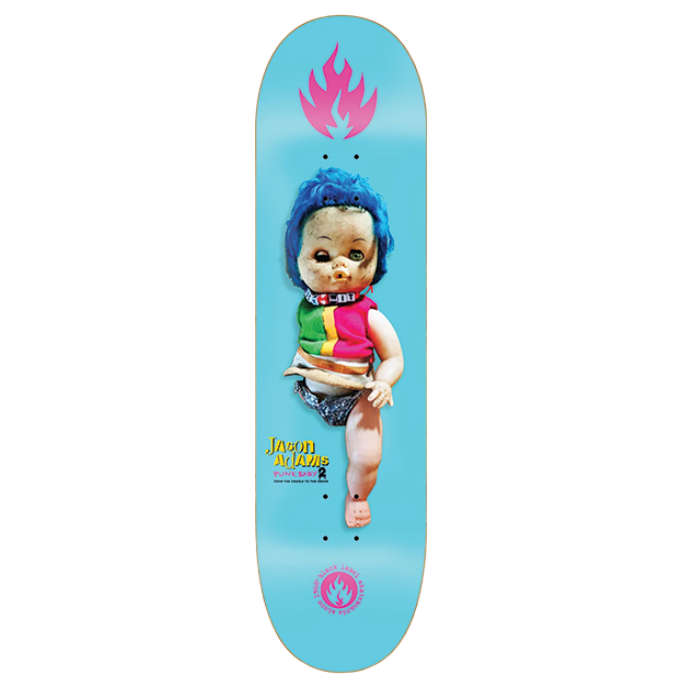 Skateboard deck with a colorful design of a child-like figure on a light blue background