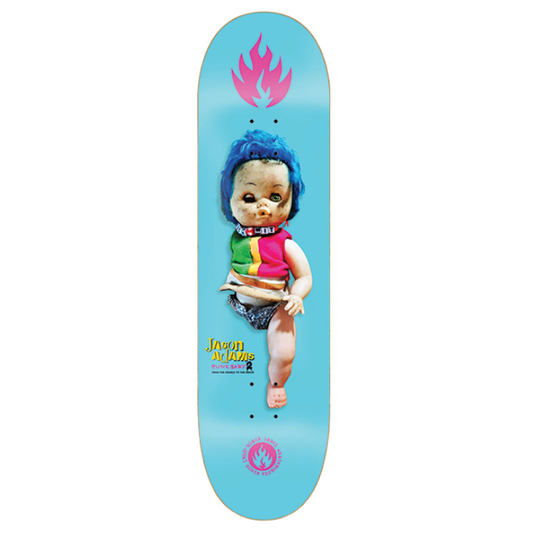 Skateboard deck with a colorful design of a child-like figure on a light blue background