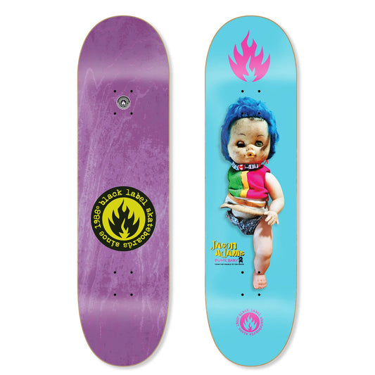 Two skateboard decks, one purple with a flame logo and the other blue with a doll graphic, on a white background.
