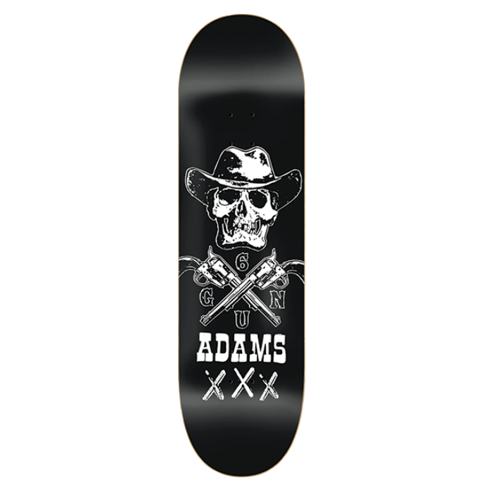 Skateboard deck with a skull and crossbones design on a black background