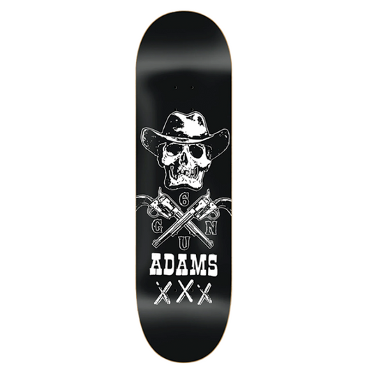 Skateboard deck with a skull and crossbones design on a black background
