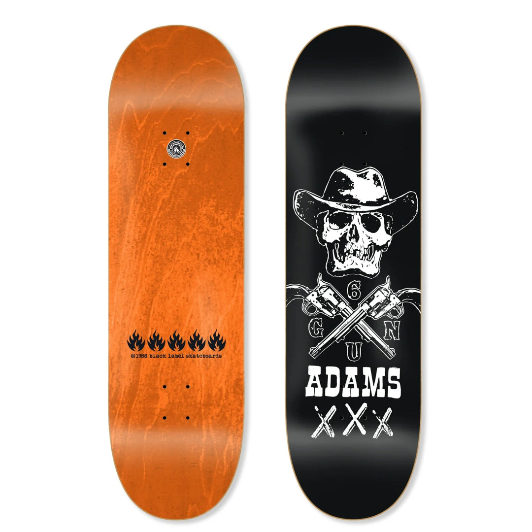 Two skateboard decks, one orange with black designs and the other black with a white graphic, on a white background.