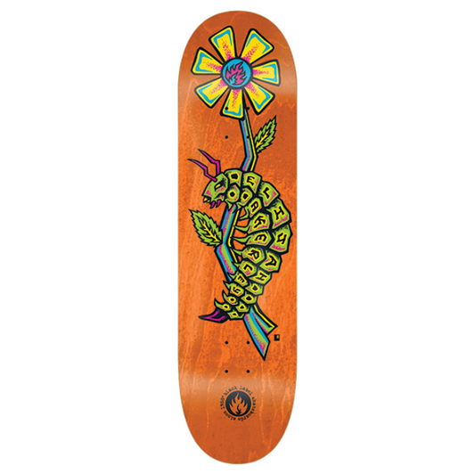 Skateboard deck with a colorful design on an orange background
