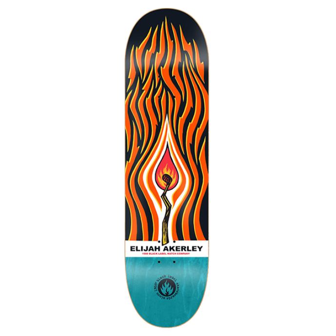 Skateboard deck with flame design and 'Elijah Akerer' branding on a white background