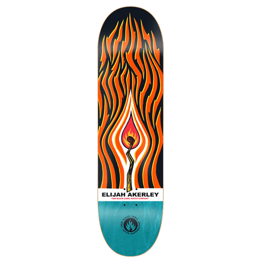 Skateboard deck with flame design and 'Elijah Akerer' branding on a white background