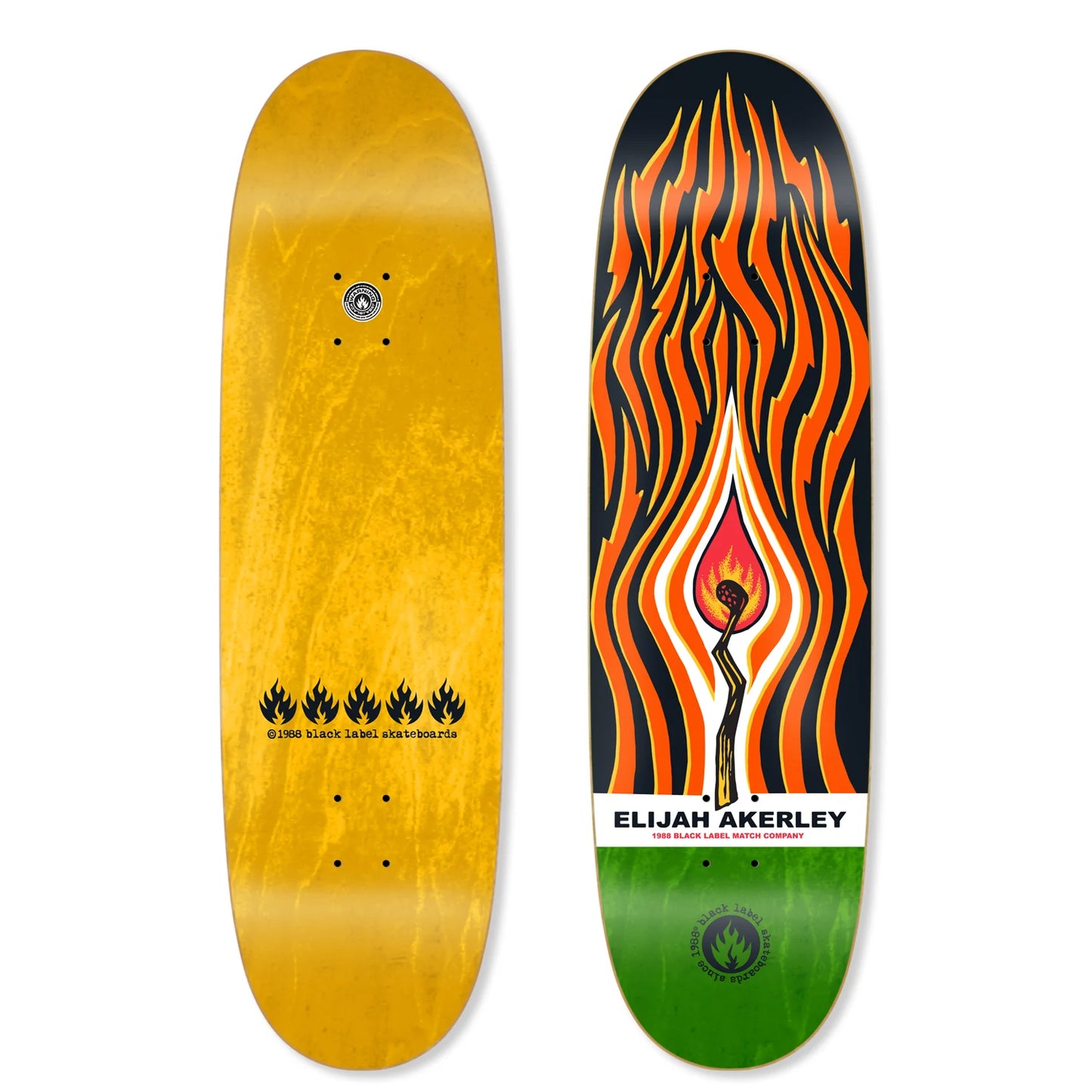 Two skateboard decks, one yellow and one with a colorful design, on a white background.