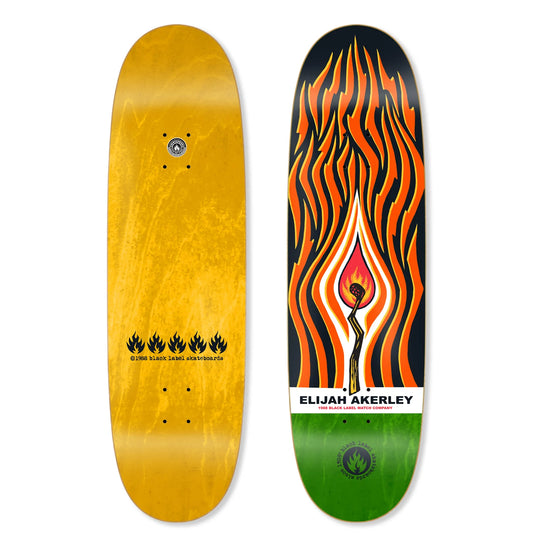 Two skateboard decks, one yellow and one with a colorful design, on a white background.