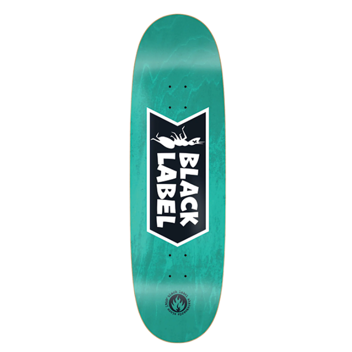 Teal skateboard deck with Black Label logo on a white background
