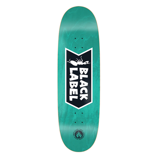 Teal skateboard deck with Black Label logo on a white background