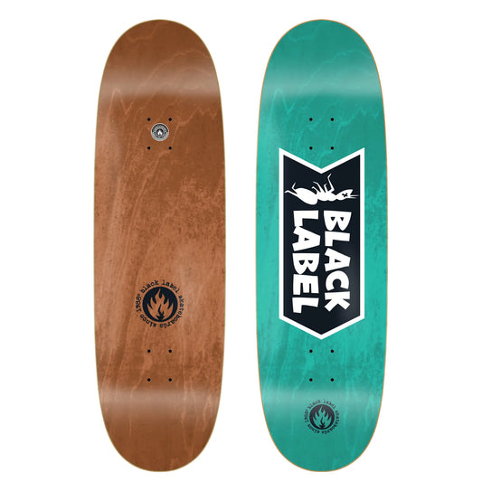 Two skateboard decks, one brown and one green with a Black Label logo, on a white background.