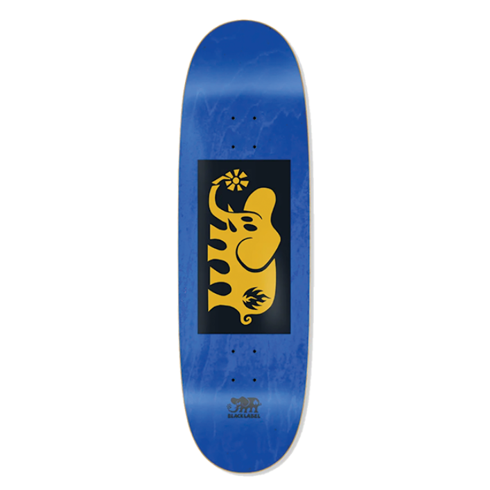 Blue skateboard deck with a yellow and black elephant design on a white background