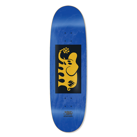 Blue skateboard deck with a yellow and black elephant design on a white background