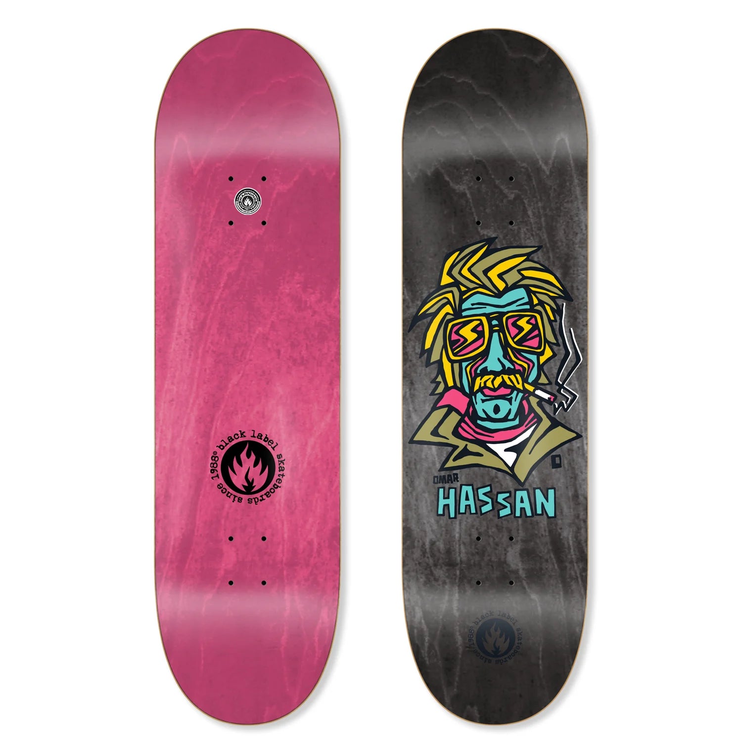 Two skateboard decks, one pink and one with a colorful graphic and 'Hassan' text on a black background.