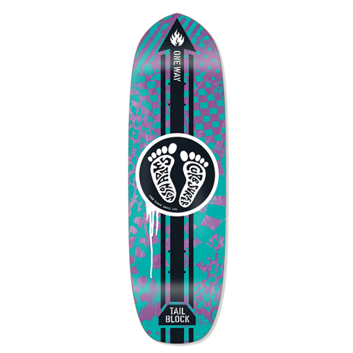 Skateboard deck with a colorful design and logo on a white background