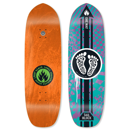Two skateboard decks, one orange with a black and green logo, the other purple and teal with a white logo, on a white background.