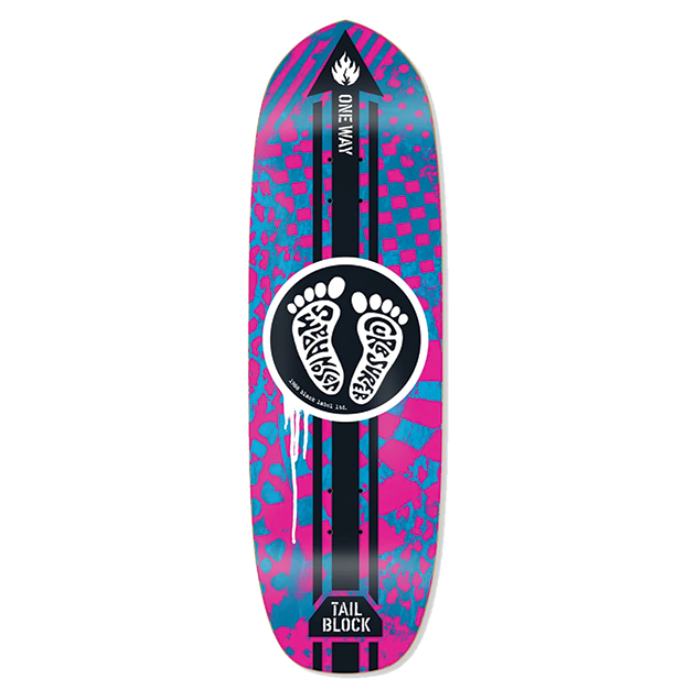 Skateboard deck with a pink and blue pattern on a white background