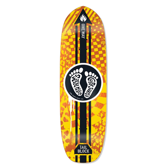 Skateboard deck with a yellow and black checkered pattern on a white background