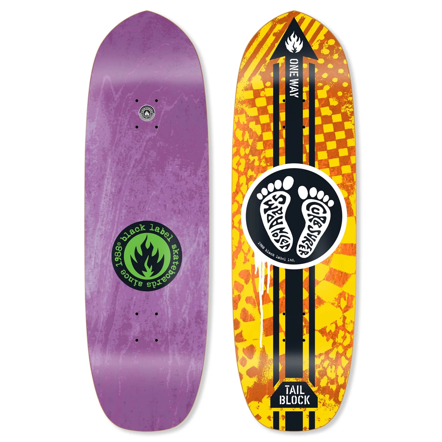 Two skateboard decks, one purple and one yellow with a checkered pattern, on a white background.